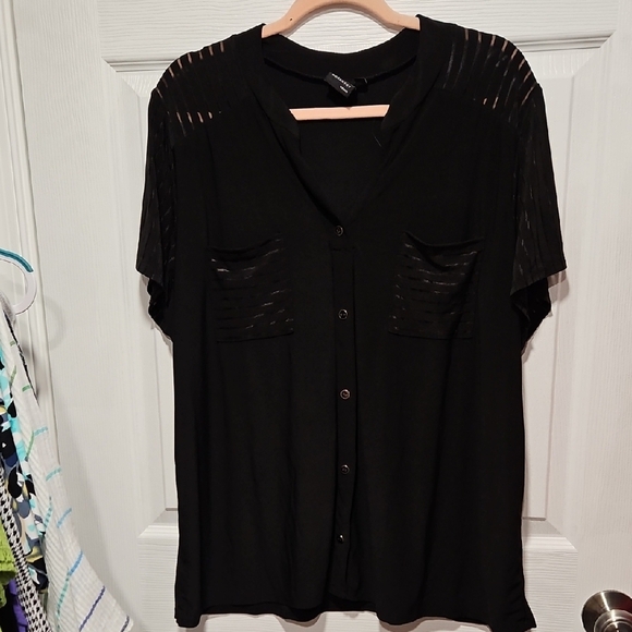 Elie Mccarthy Tops - Black Short-Sleeve Button-Down Top with Sheer Stripe Details